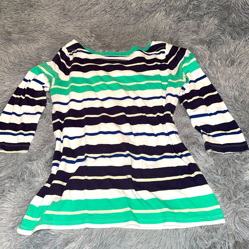 LOFT green/navy/white striped 3/4 sleeve boatneck shirt